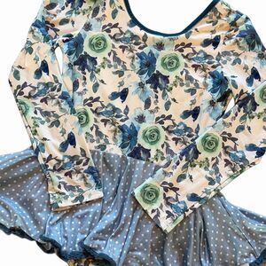 Cheeky Plum Farrah Leotard Long Sleeve 10Y Blue Green Floral Polka Dots